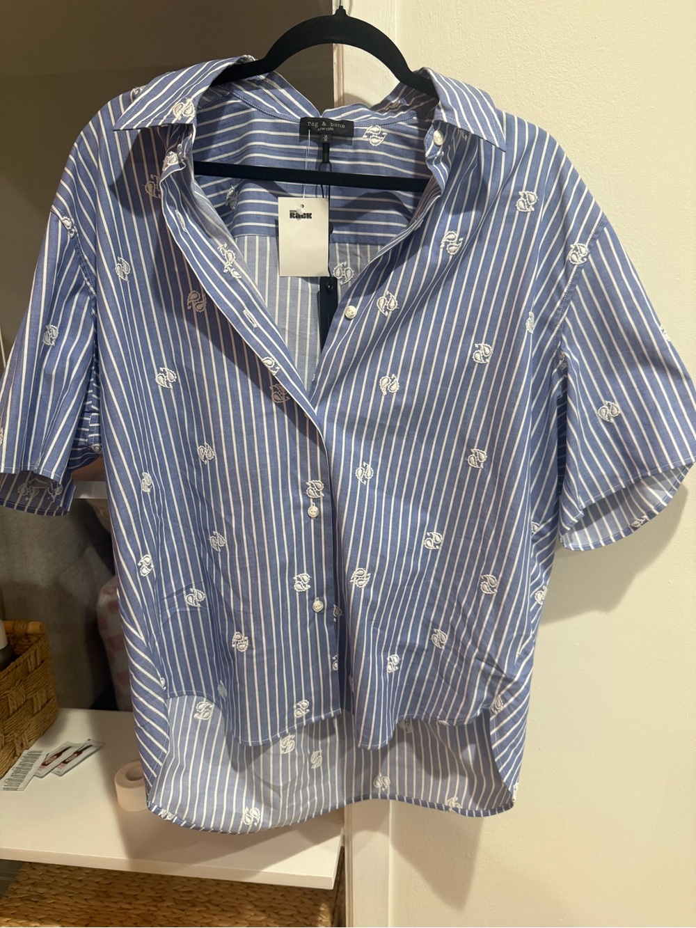 Woman’s Blue Striped Short-Sleeve Shirt with Embroidered Motif